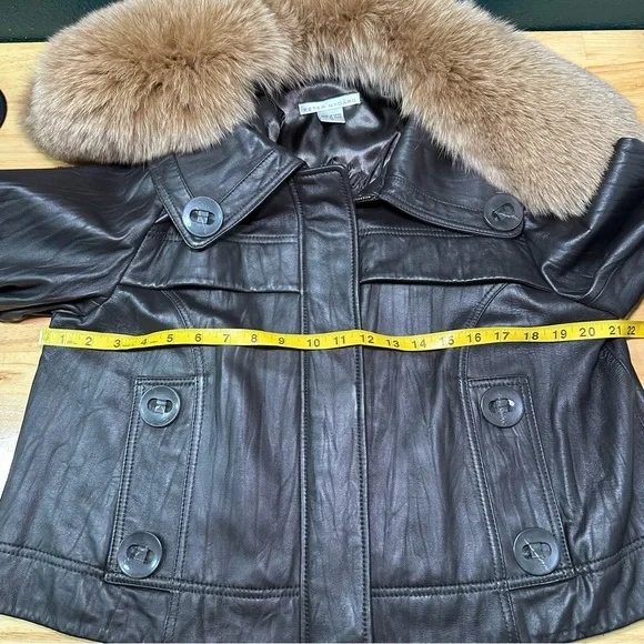 Genuine Brown Leather Jacket with Fox Fur Collar by Peter Nygard, Size Large - Picture 13 of 16